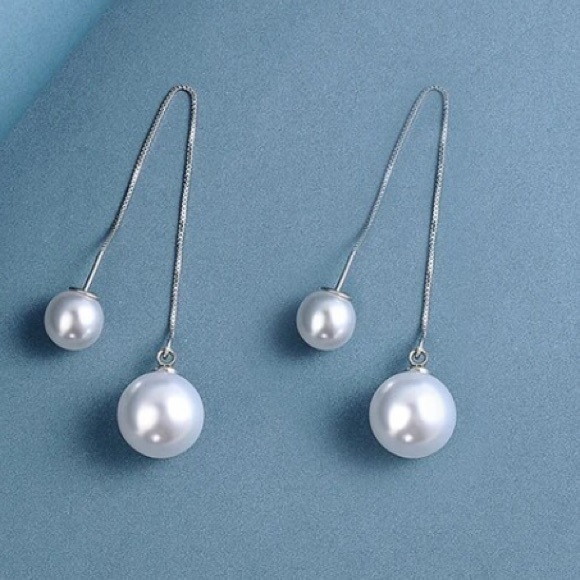 🌟 Sterling Silver 925 Long Imitation Pearl Earrings - Picture 1 of 5
